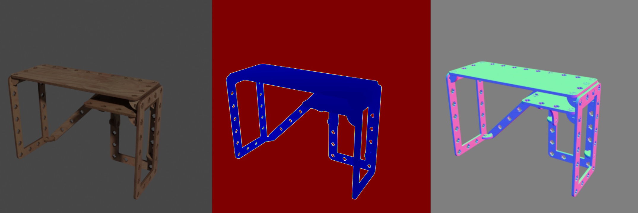 normals, depth and color rendering of an example table